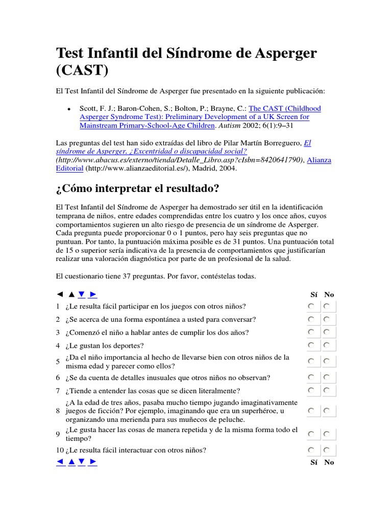 Test Infantil Del Síndrome de Asperger | PDF | Síndrome de Asperger ...