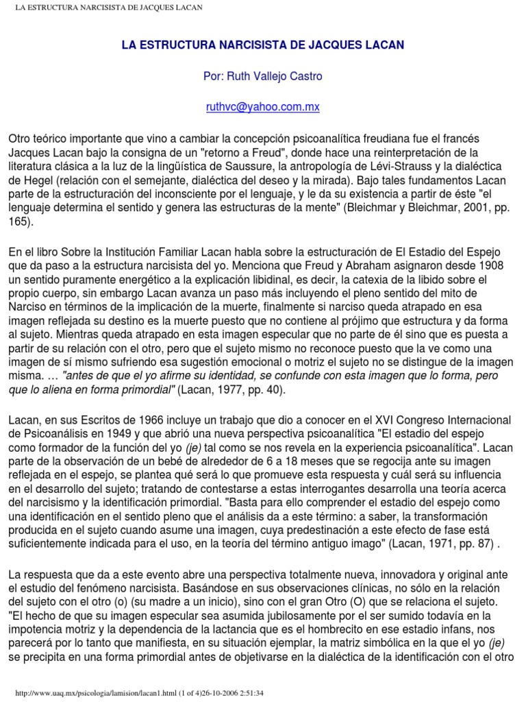 Estructura Narcisista en Lacan | PDF | Jacques Lacan | Complejo de Edipo