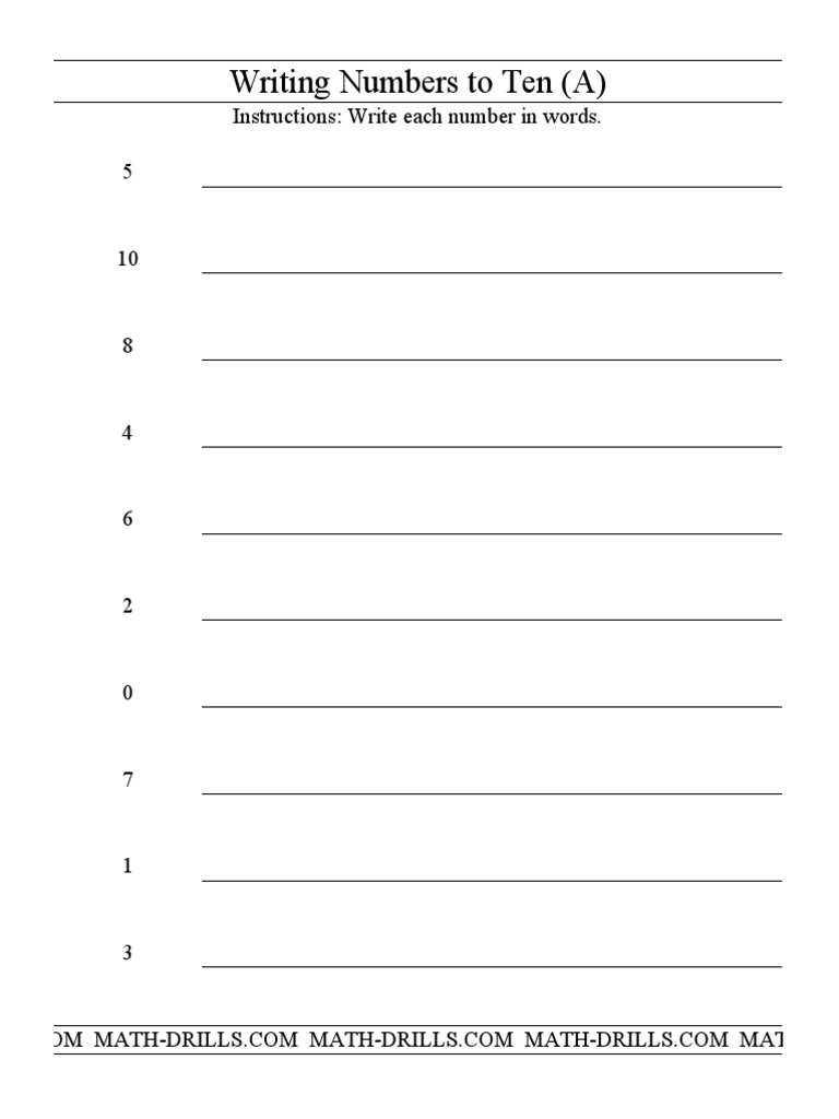 Writing Numbers To Ten A Instructions Write Each Number In Words