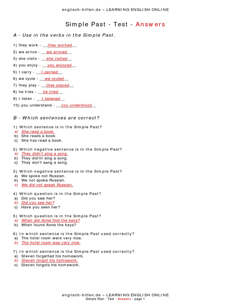 Simple Past  Test  Answers  Rules  Linguistics