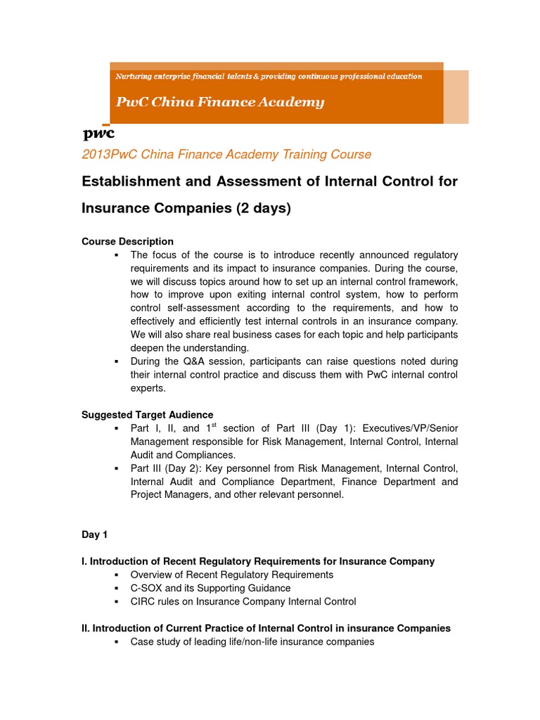 Establishment and Assessment of Internal Control For Insurance | PDF ...