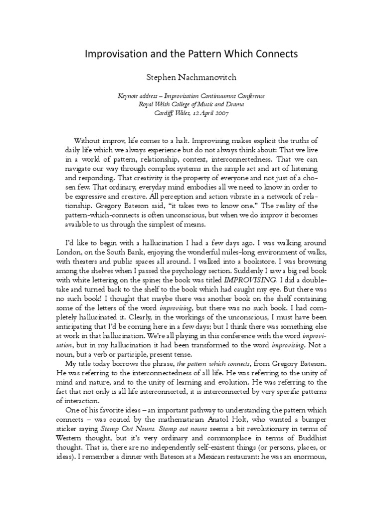 Improvisation And The Pattern Which Connects Nachmanovitch - 