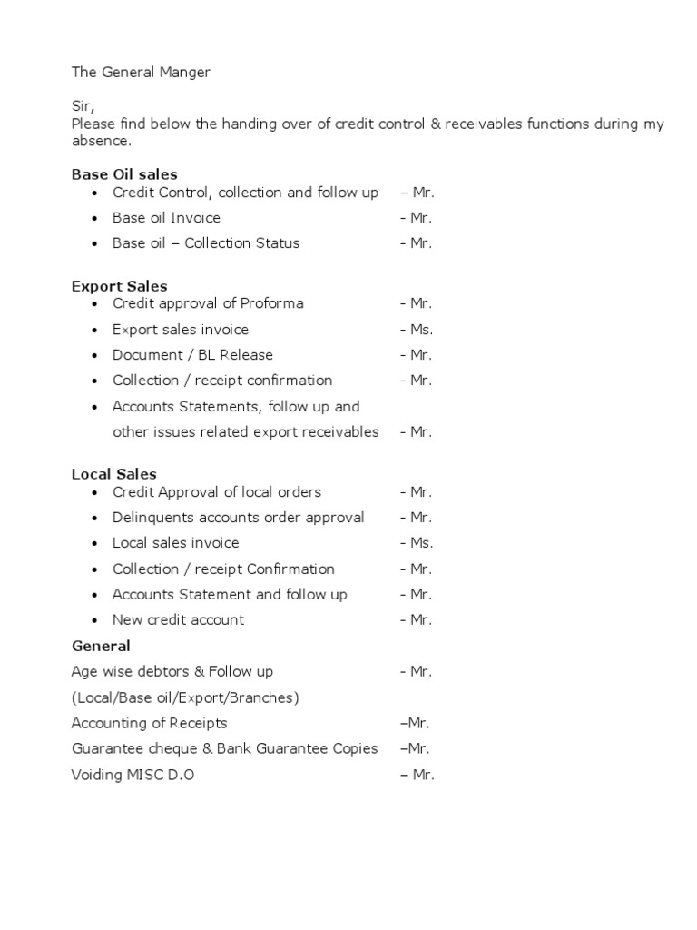 Credit Control & Receivables Handover | PDF