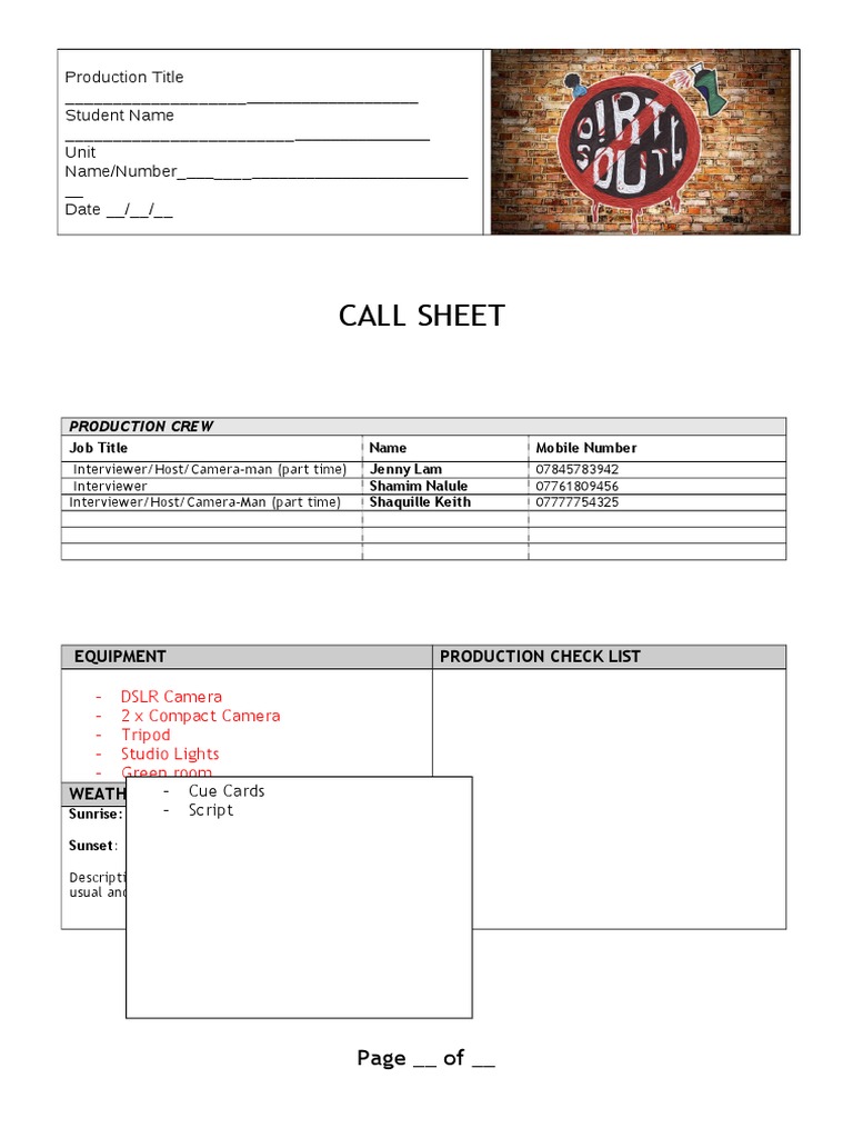 Production Call Sheet Template | PDF | Career & Growth | Computers