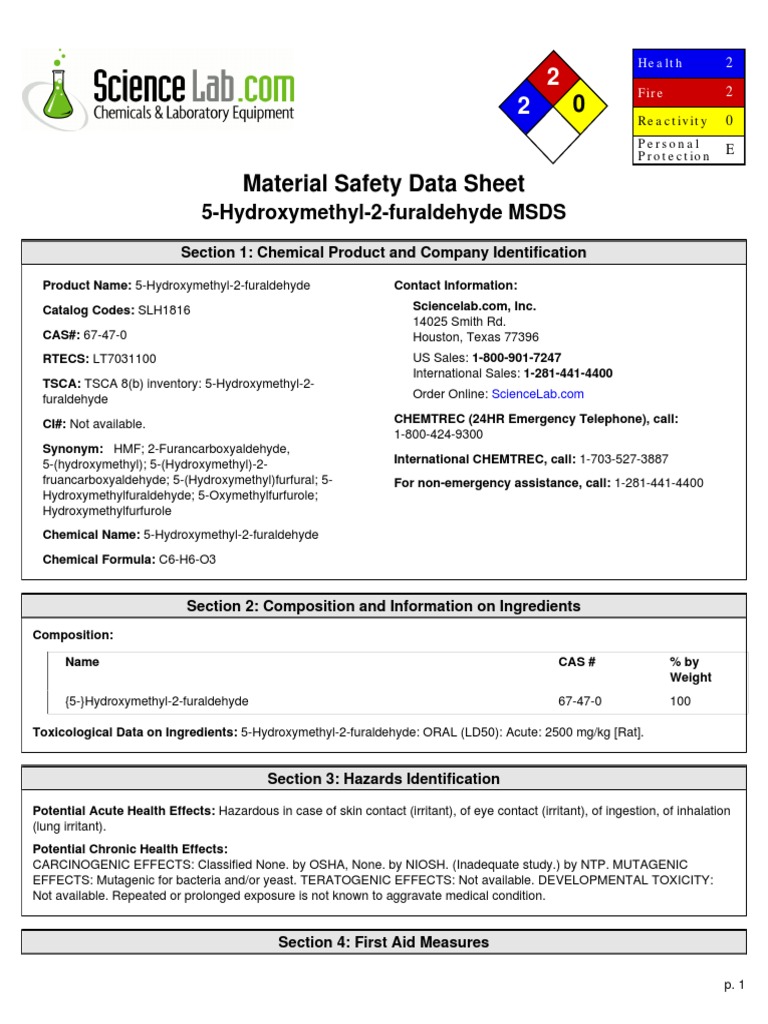 HMF SDS Toxicity Personal Protective Equipment