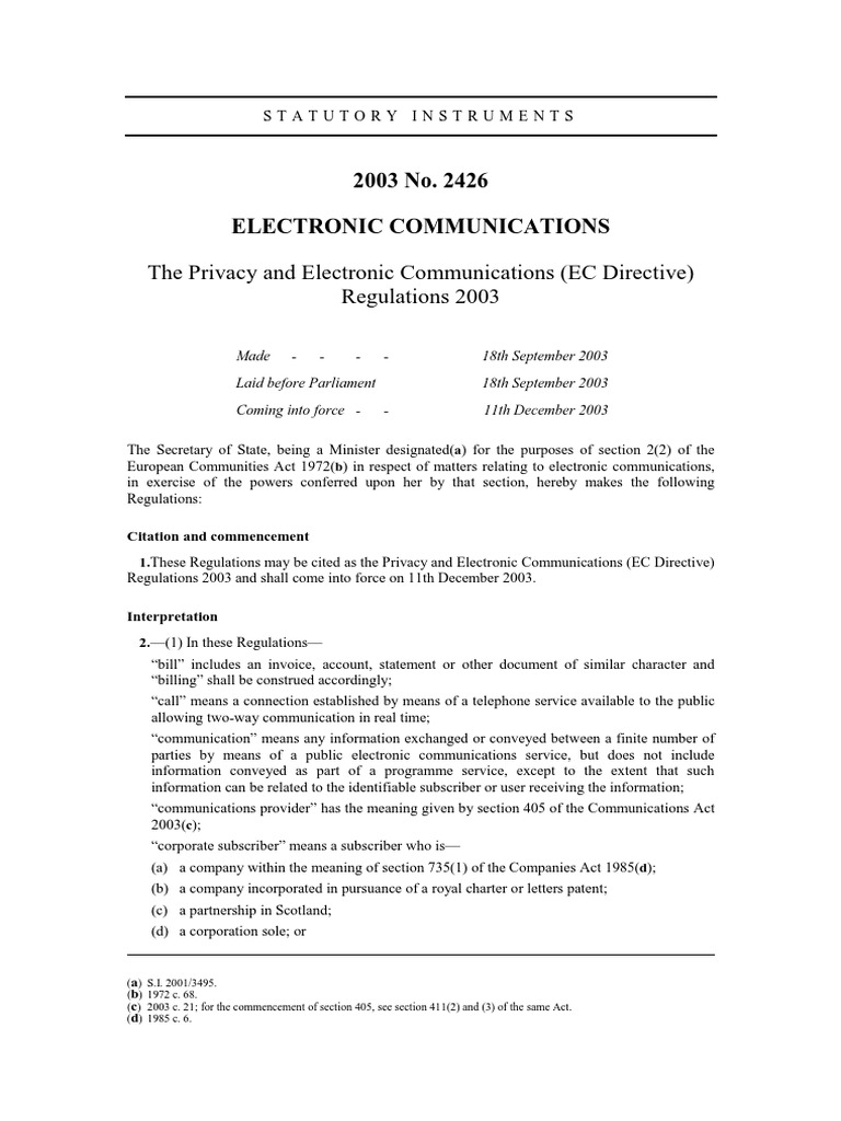 2003 No. 2426 Electronic Communications The Privacy and Electronic