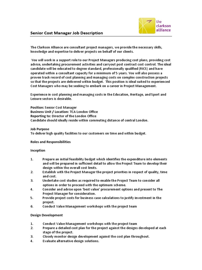 Job Description Construction Cost Manager | Project Manager | Consultant