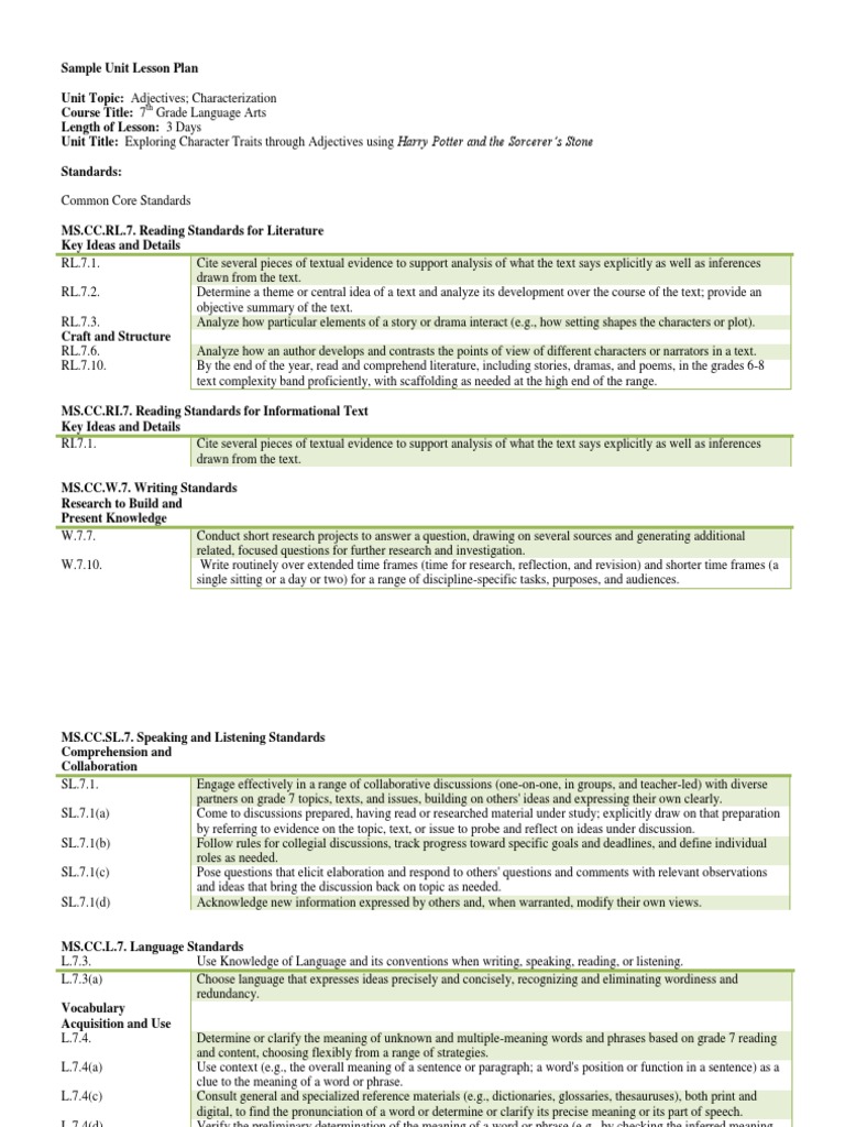 Sample Unit Lesson Plan | PDF | Reading Comprehension | Lesson Plan