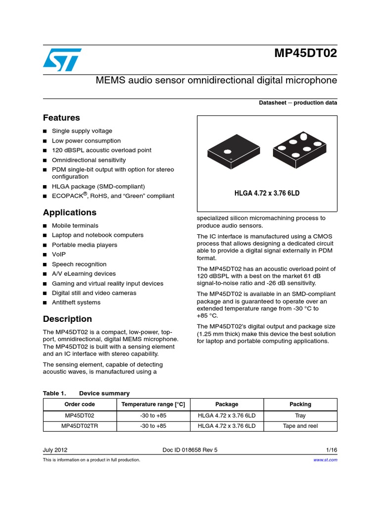 MIC Datasheet Microphone Electrostatic Discharge