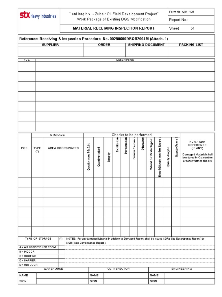 Qir 105 Material Receiving Inspection Report Pdf