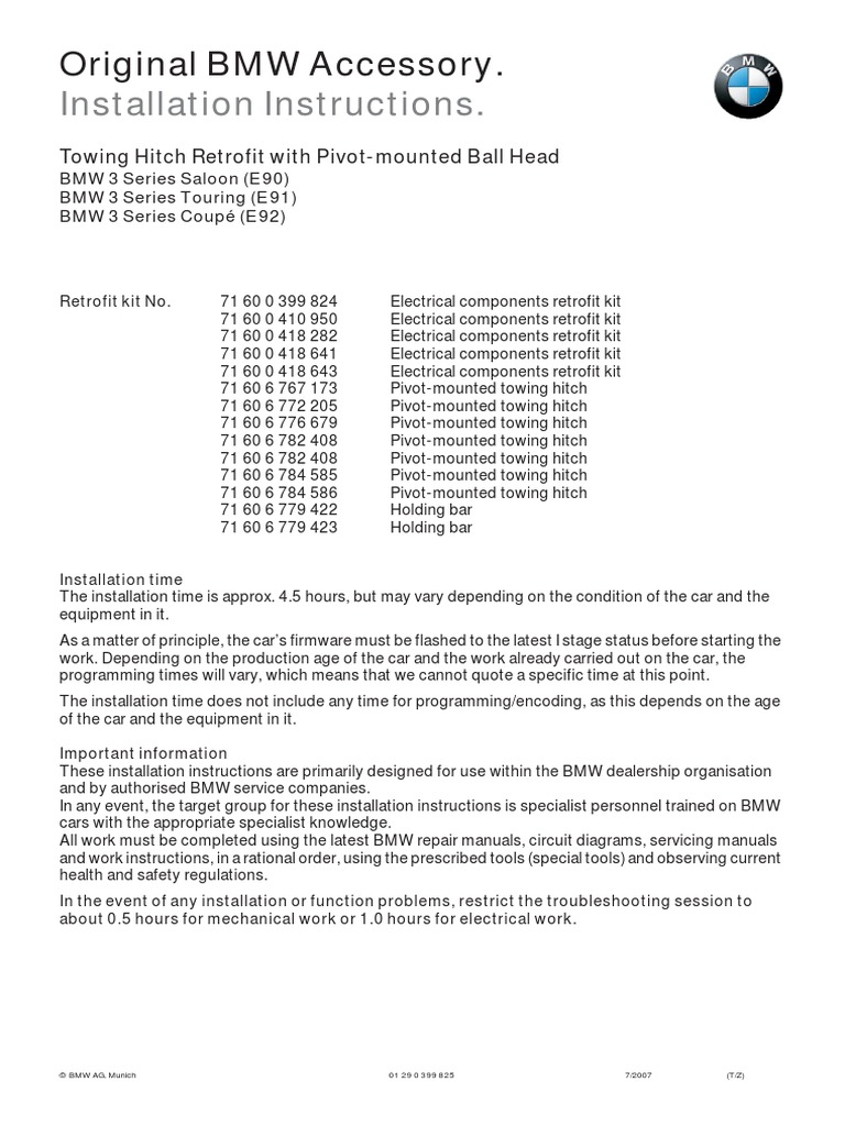 BMW E90 Towing Hitch Installation PDF Trailer (Vehicle) Electrical Connector