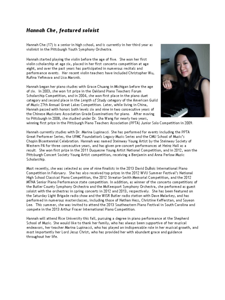 Hannah Che: Rising Musical Talent | PDF | Pittsburgh | Performing Arts