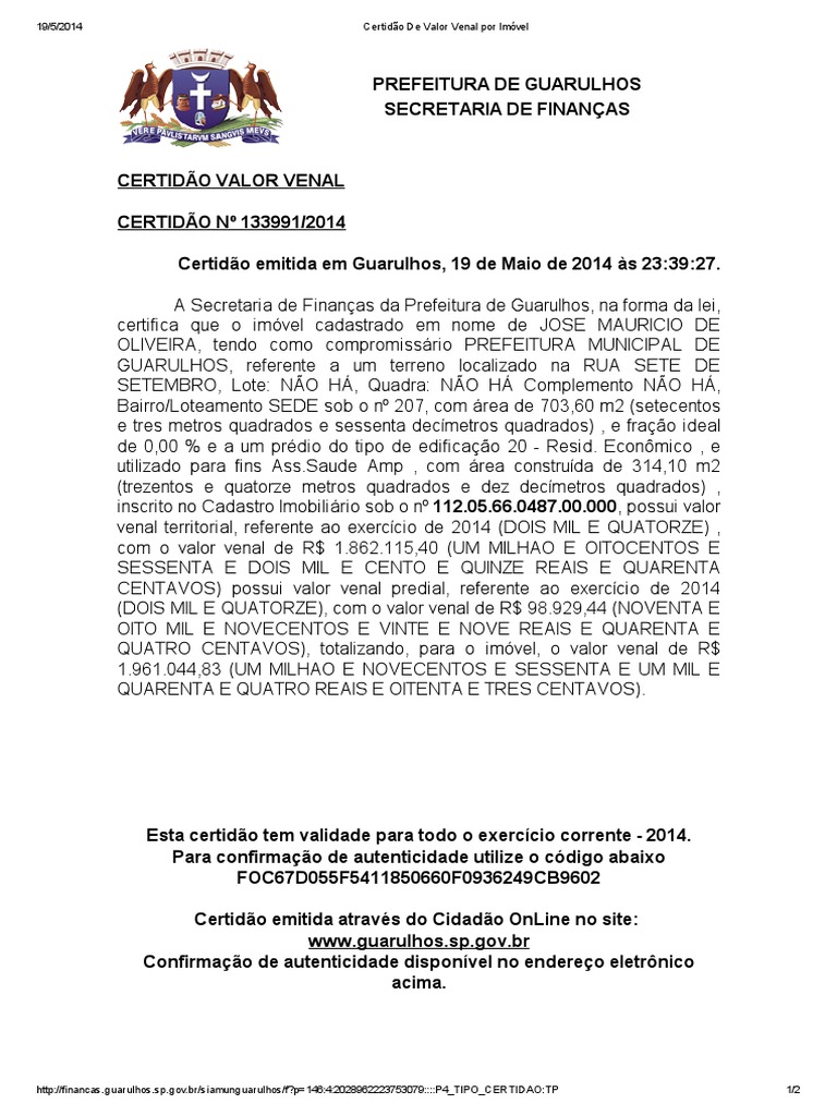 Certid o De Valor Venal Por Im vel PDF