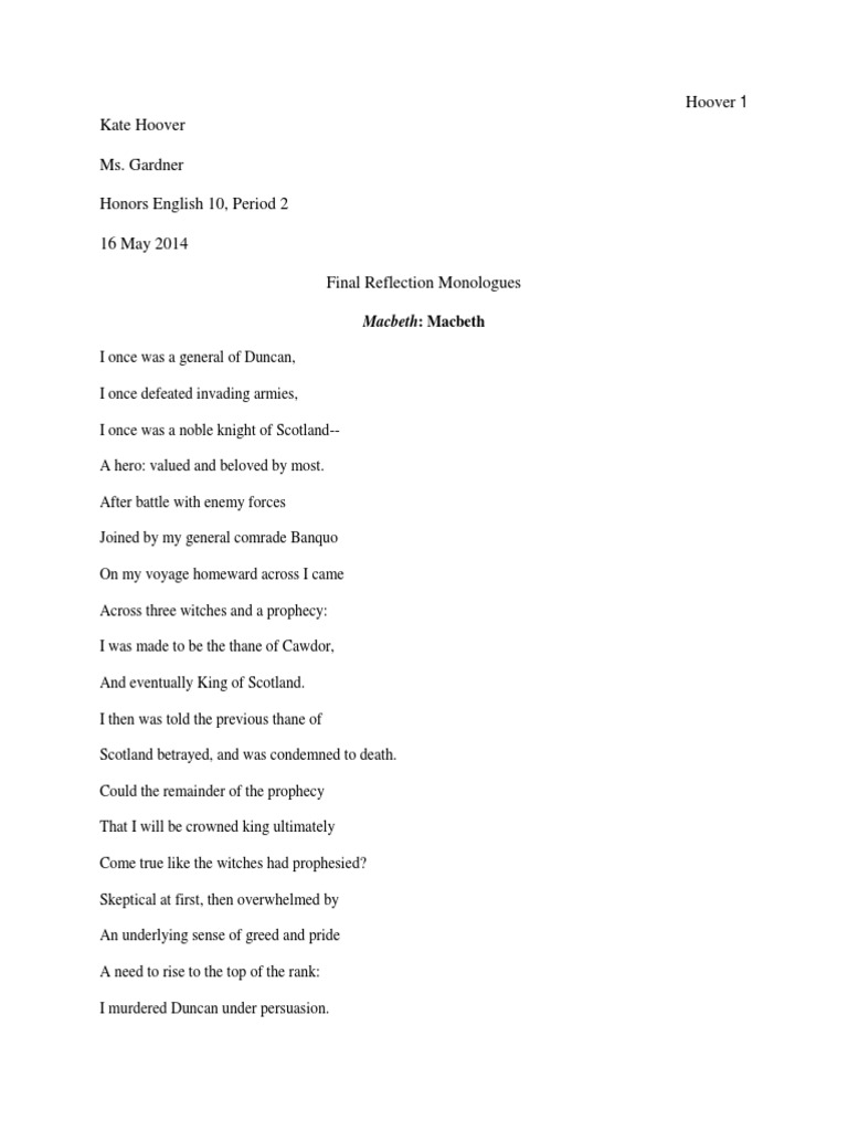 Final Reflection Monologues Pdf Macbeth Violence