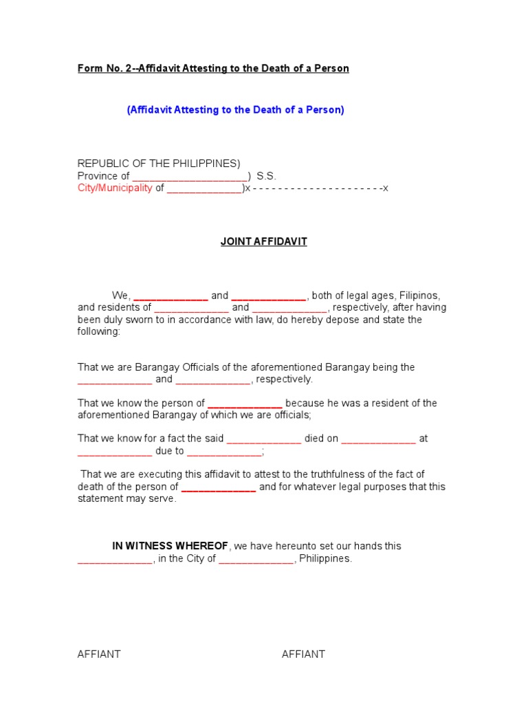 Affidavit Attesting To The Death Of A Person Affidavit Civil Law