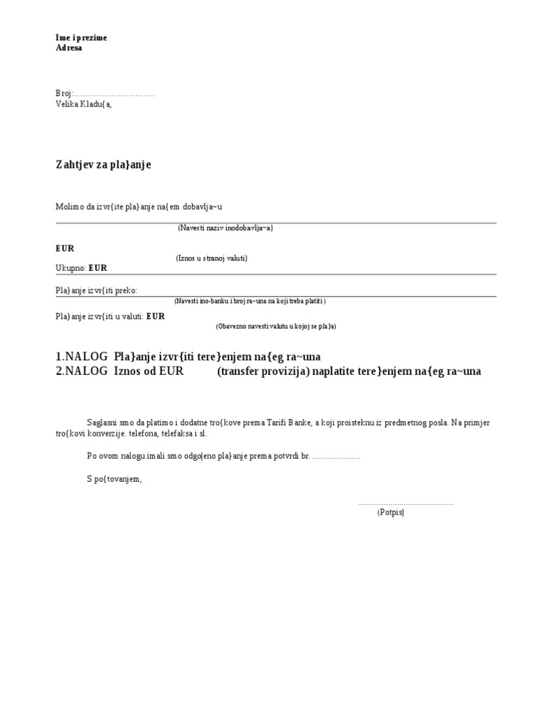 Zahtjev Za Ino Placanje | PDF