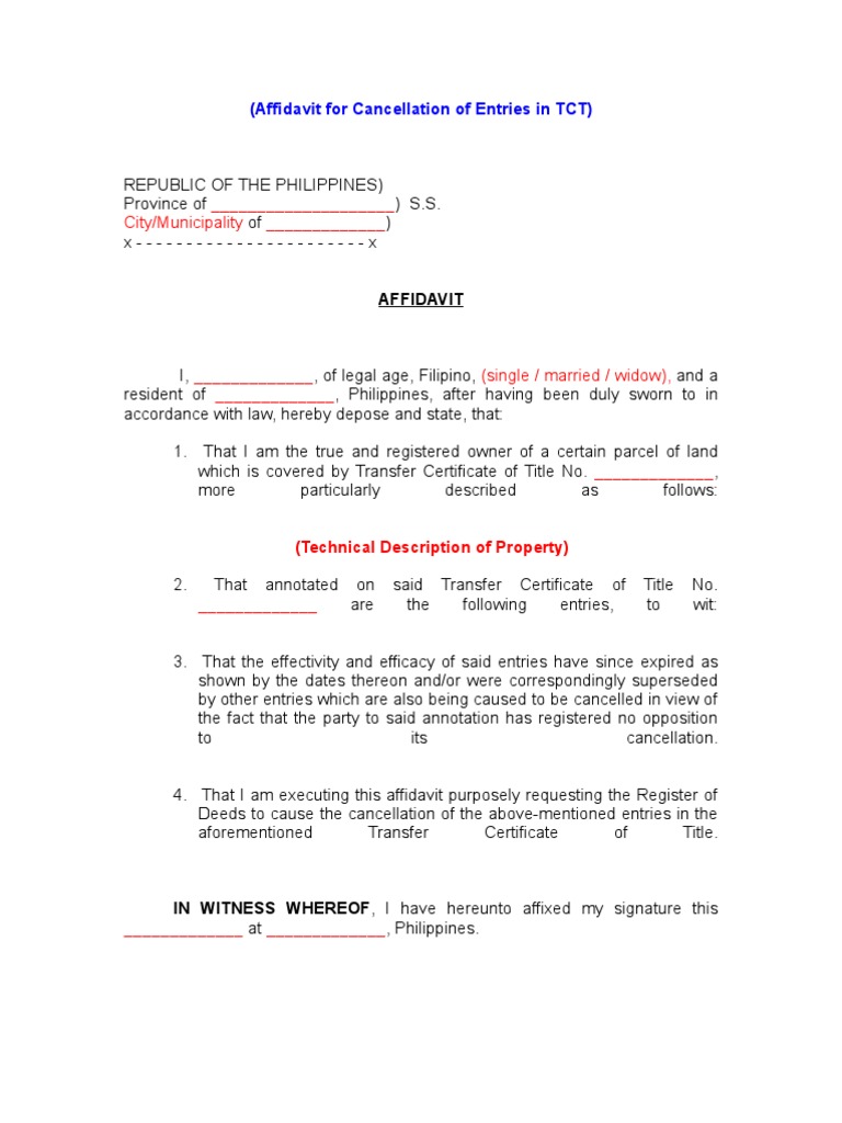 Affidavit for TCT Entry Cancellation | PDF | Finance & Money Management