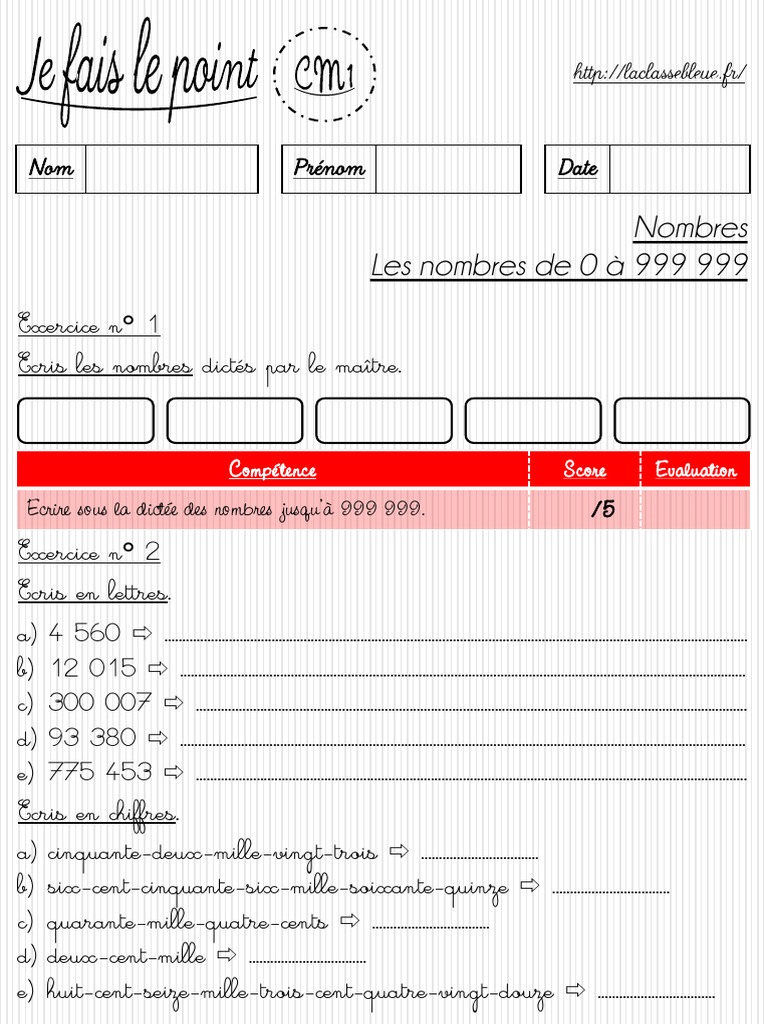 Les Nombres Jusqu à 999 999 Cm1 Les Nombres de 0 À 999 999 CM1 | PDF