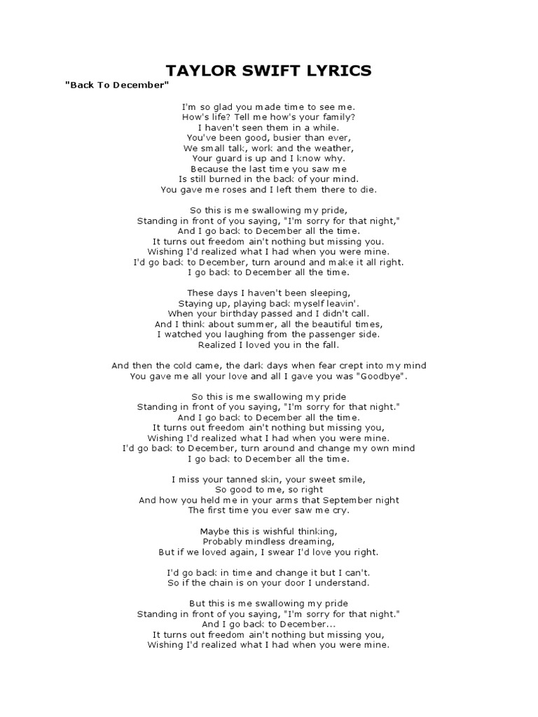 Taylor Swift Lyrics Back To December