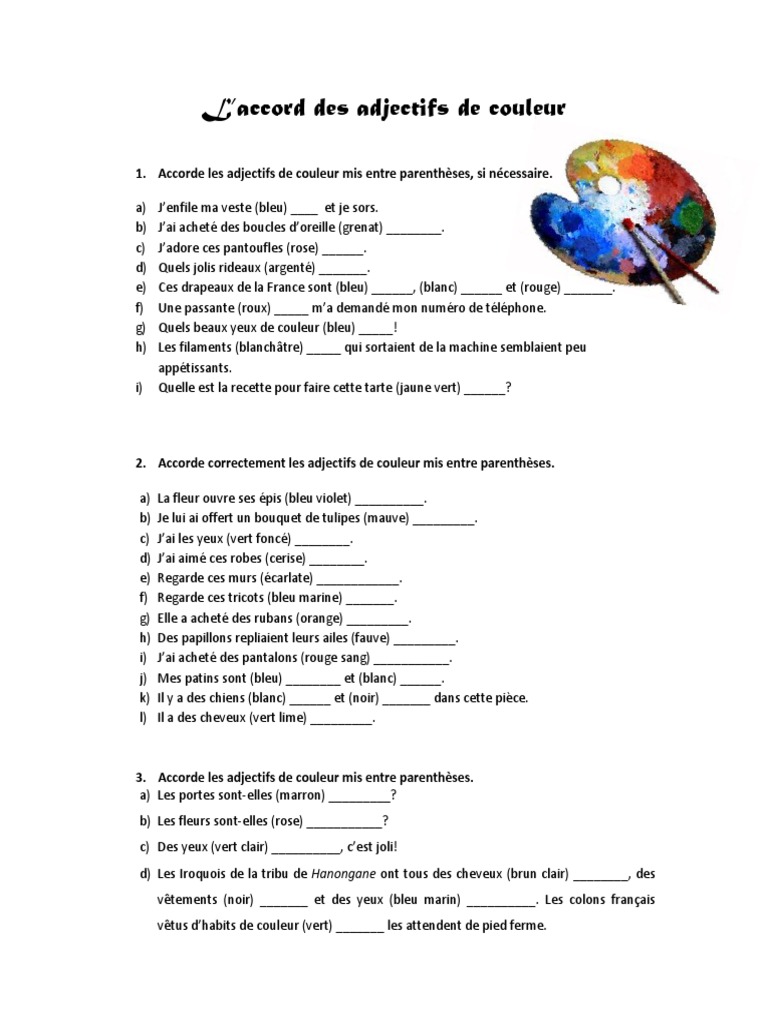 L accord De L adjectif Qualificatif Exercices Pdf Cm1 Exercices - Adjectifs de Couleur | PDF | Bleu | Vert