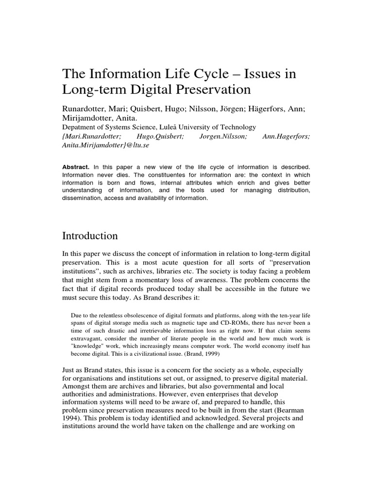 The Information Life Cycle | PDF | Preservation (Library And Archival ...