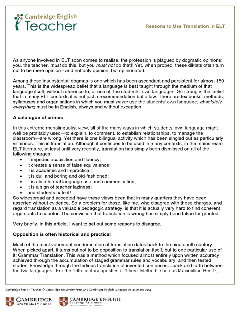 Benefits of Translation in ELT | PDF | Second Language Acquisition ...