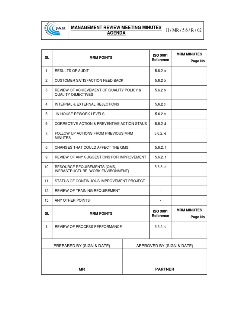 Management Review Meeting Minutes Agenda SL Mrm Points ISO 9001
