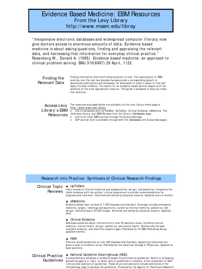 Evidence Based Medicine: EBM Resources: From The Levy Library | PDF