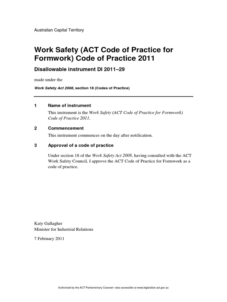 ACT Formwork Code of Practice 2011 | PDF | Occupational Safety And ...
