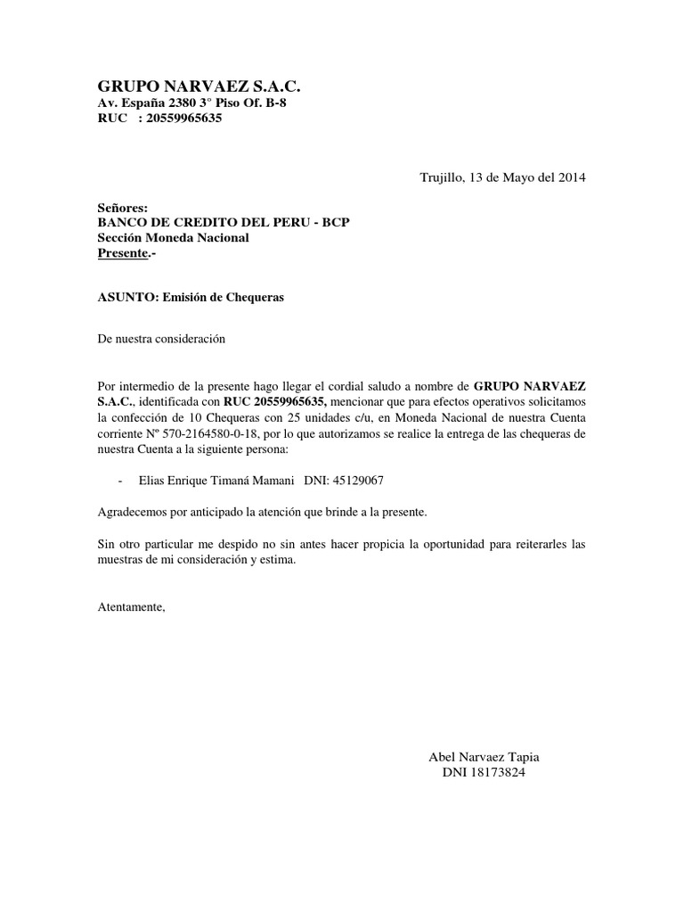 Carta a BCP - Solicitud de Chequeras