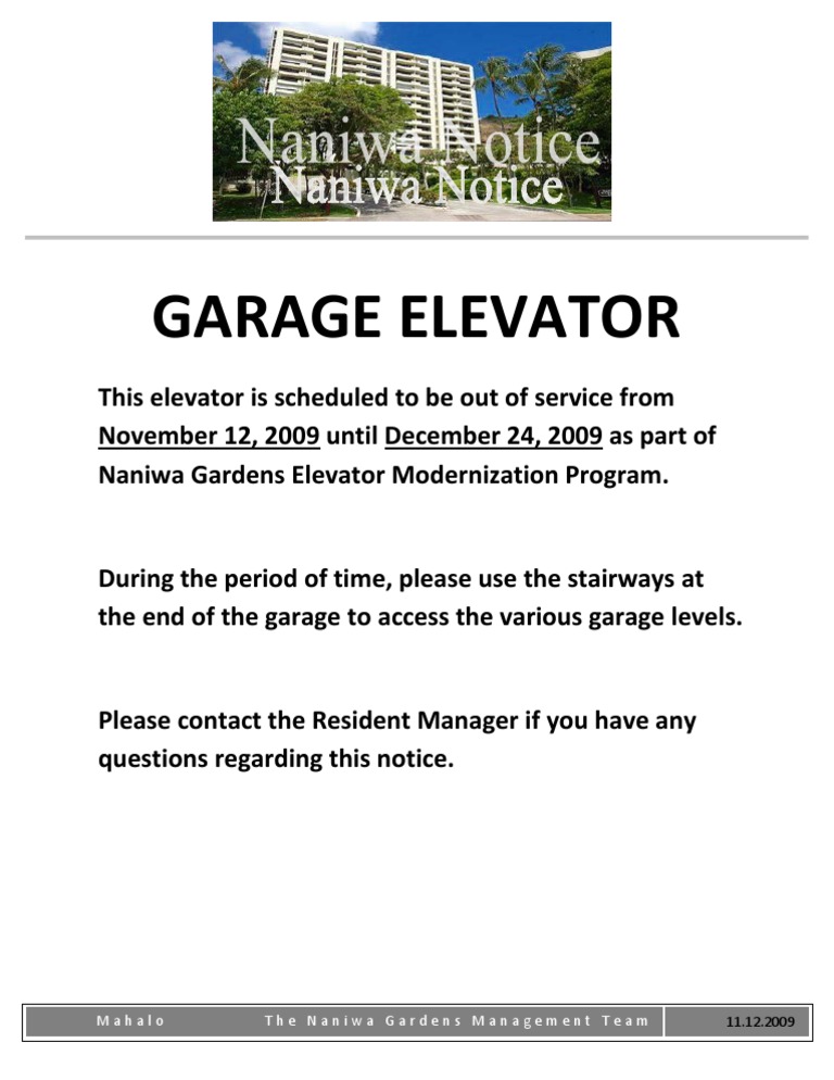 Naniwa Gardens Elevator Outage Notice | PDF