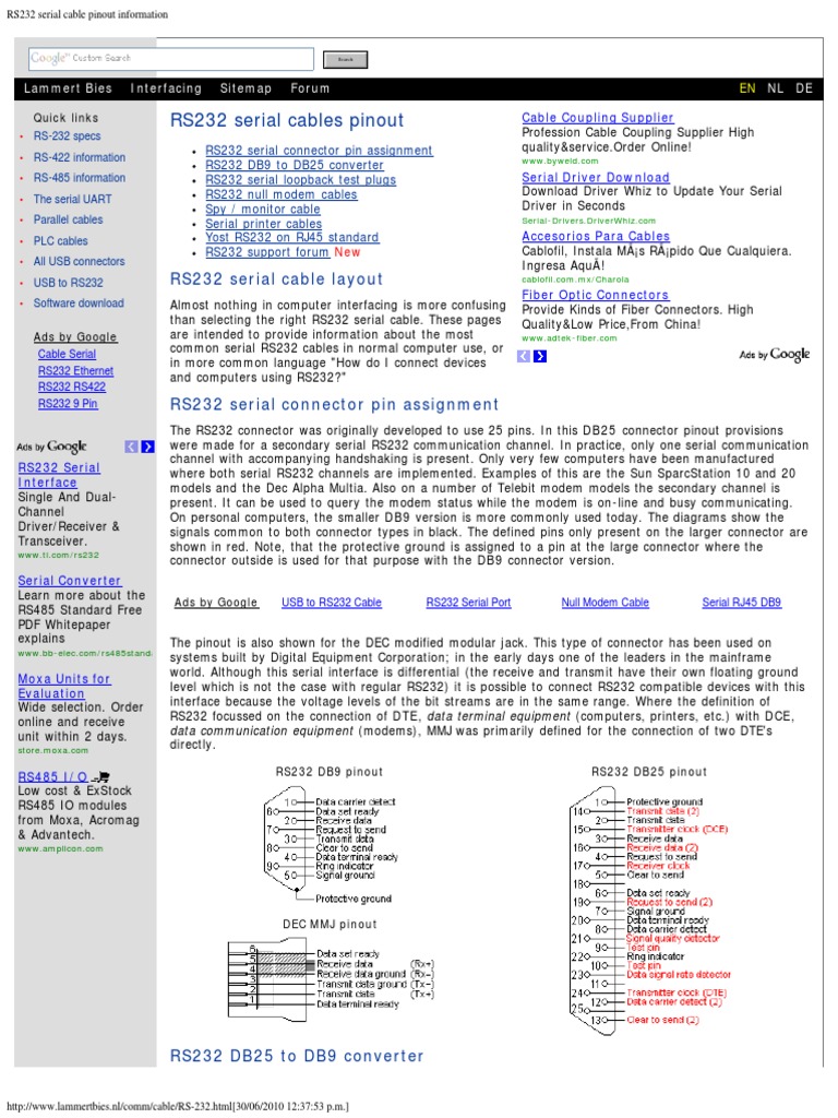 RS232 Serial Cable Pinout Information | PDF | Electrical Connector ...