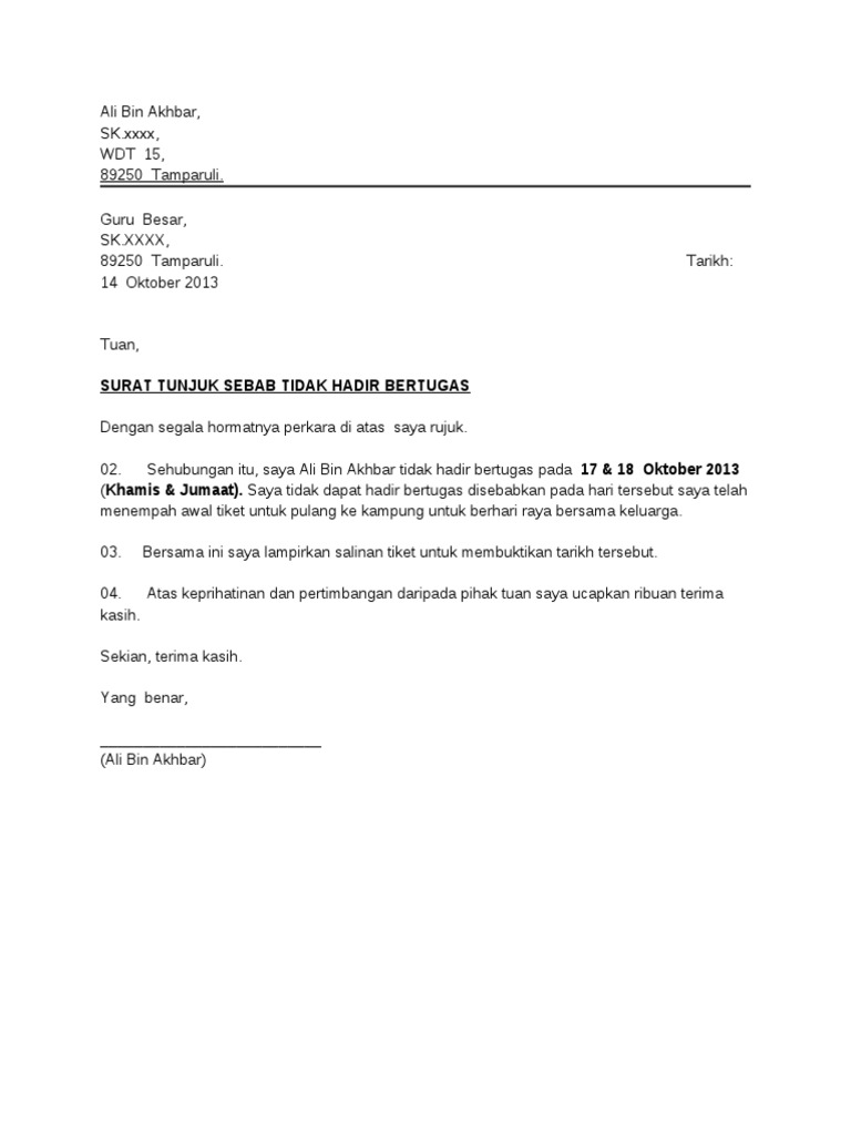 Contoh Membalas Surat Tunjuk Sebab