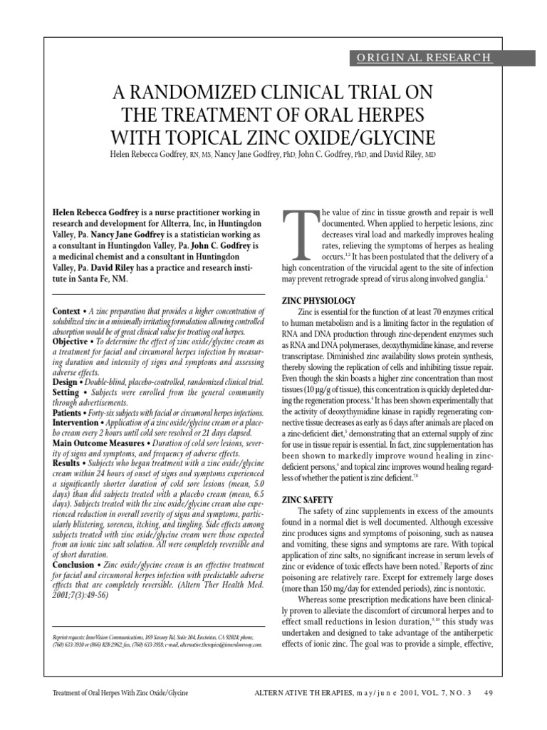 Zinc Oxide Cream Reduces Oral Herpes Duration PDF Herpes Simplex