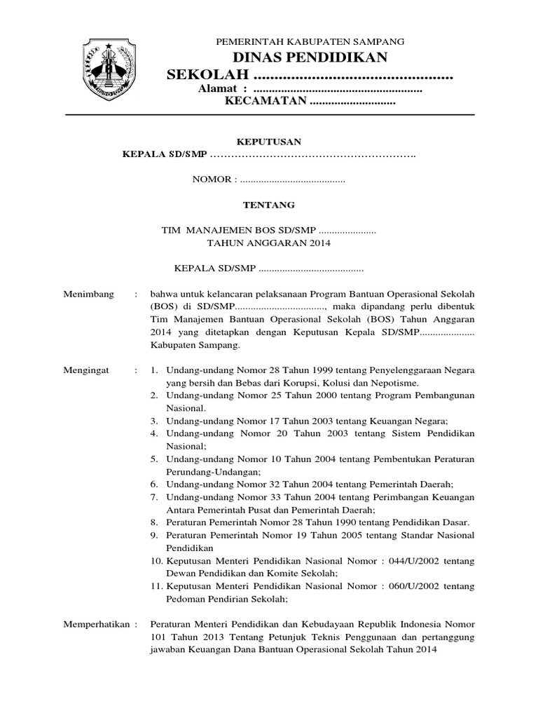 Contoh SK TIM BOS Sekolah 2014 PDF