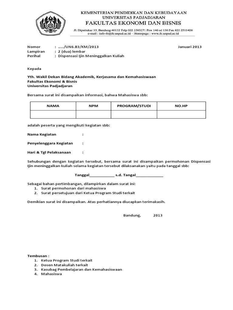 Contoh Surat Dispensasi