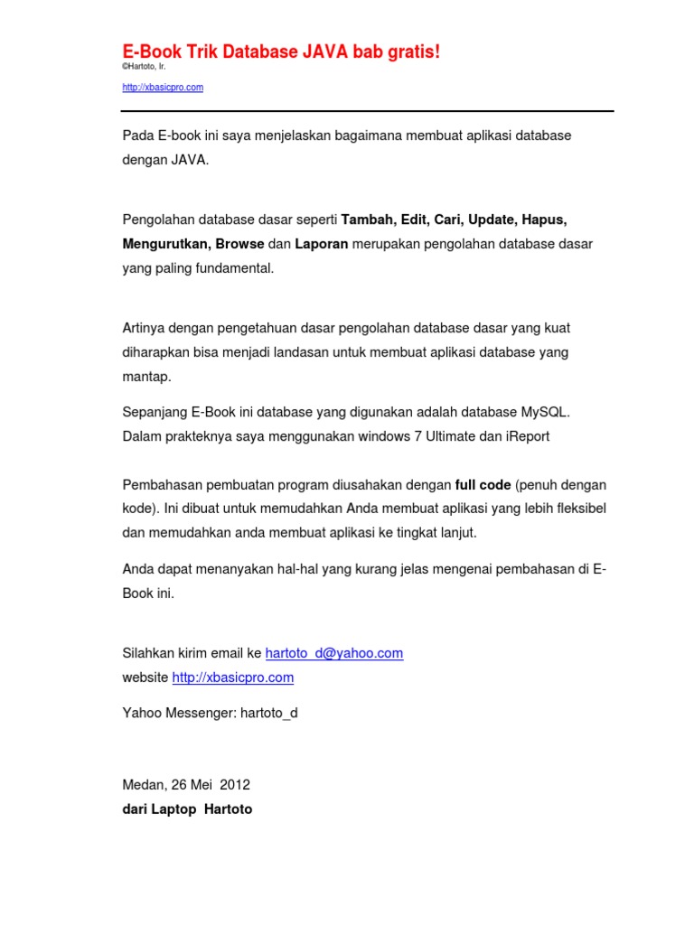 Ebook Tutorial Trik Database JAVA Bab Gratis Bahasa Indonesia | PDF