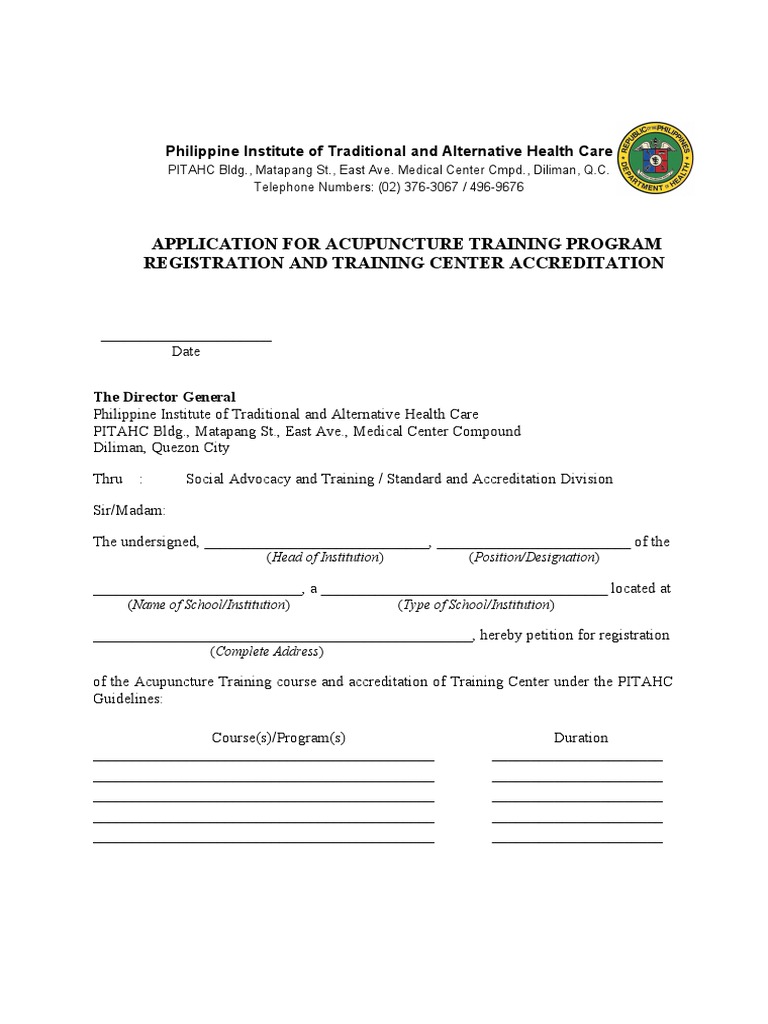Application for Accreditation of an Acupuncture Training Program and
