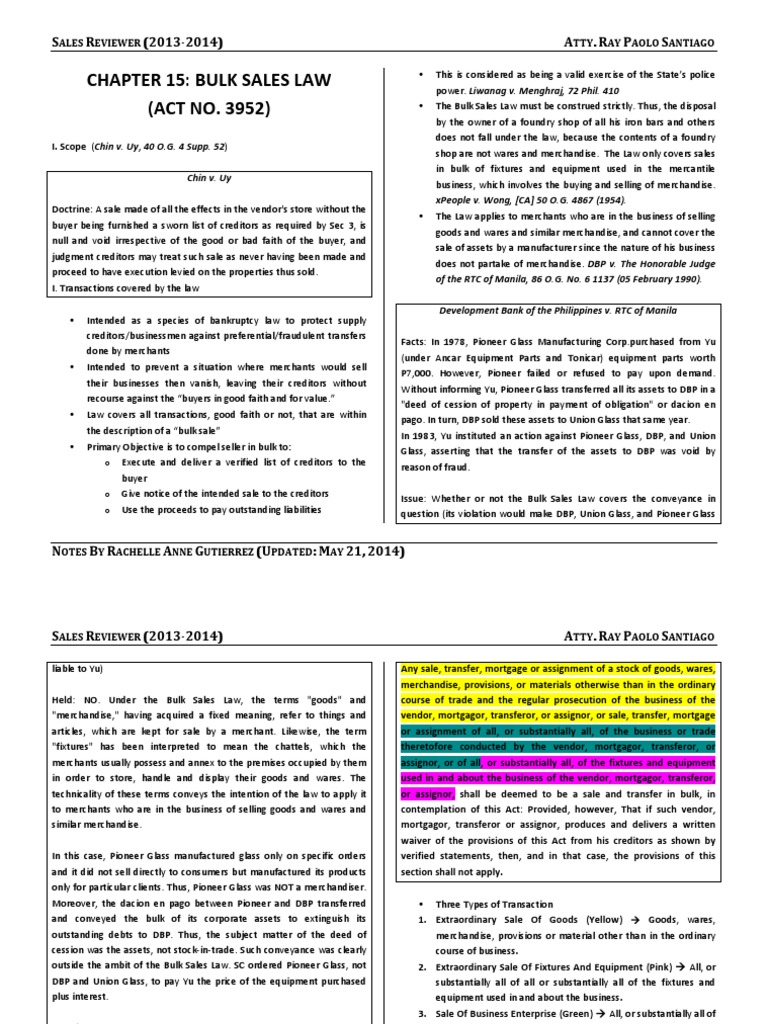 Chapter 15. Bulk Sales Law PDF Mortgage Law Law Of Obligations