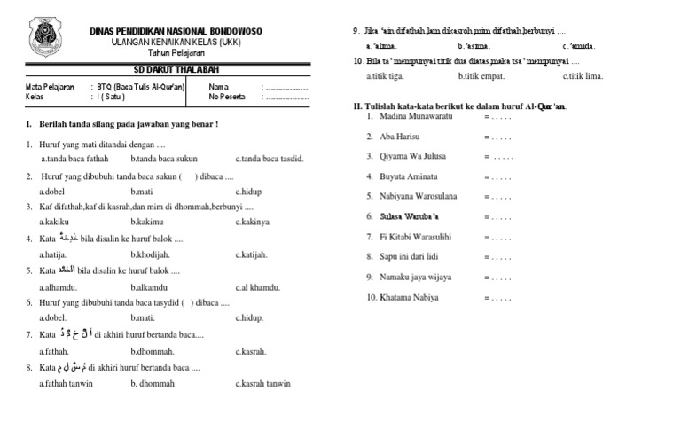 Uas 2 Btq Kelas 1 Pdf