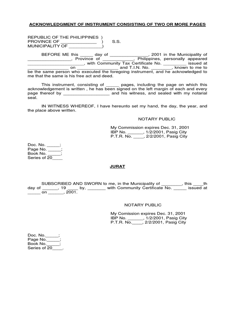 Acknowledgment of Instrument Consisting of Two or More Pages Notary Public Common Law Free