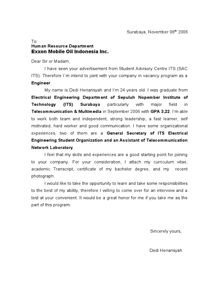 Application for Engineer Position at Exxon | PDF