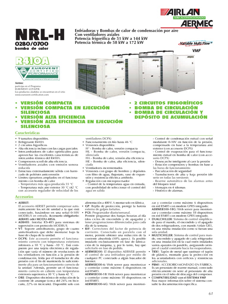 Aermec NRL 0700: Enfriadoras y Bombas de Calor | PDF | Bomba de calor ...