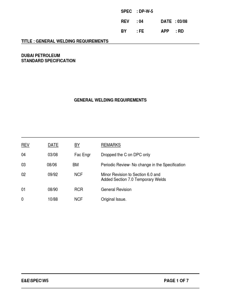 DPW5 General Welding Requirements Specification (Technical Standard