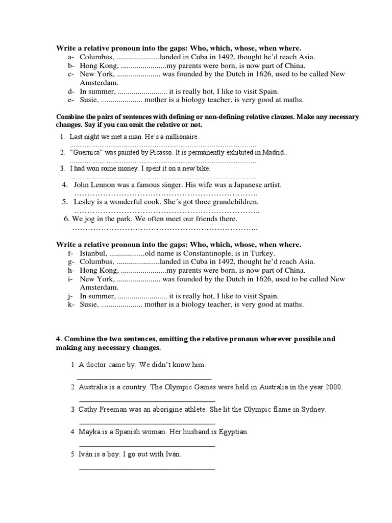 Relative Pronouns and Sentence Combining Exercises | PDF | Foreign ...