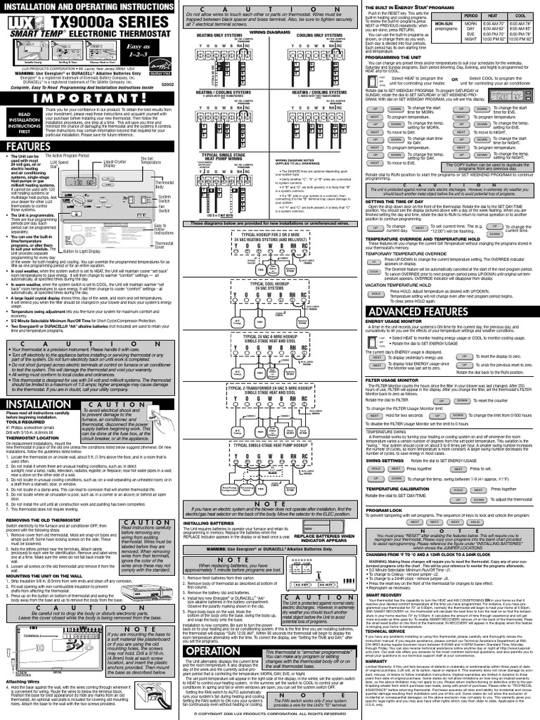 Lux TX9000a Thermostat (Manual | Thermostat | Air Conditioning