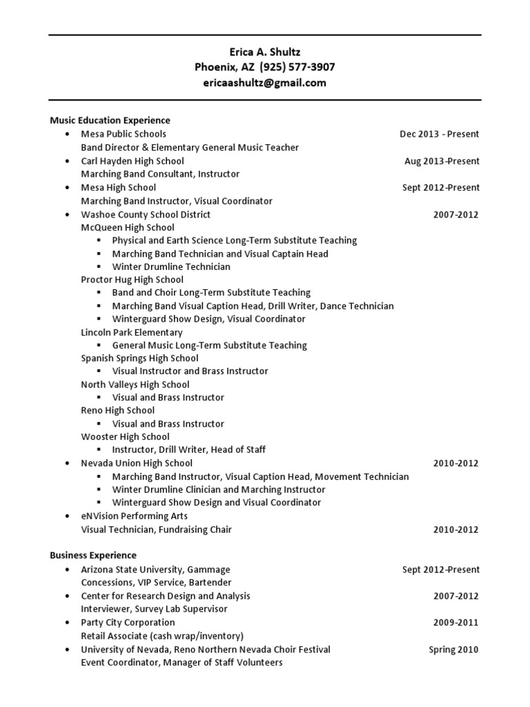 Erica a Shultz Resume Marching Bands Performing Arts Companies