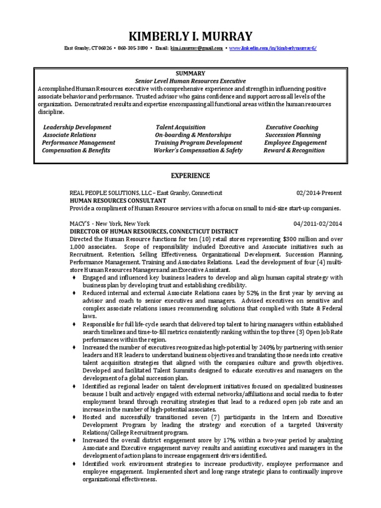 HR Director Talent Development in East Granby CT Resume Kimberly Murray