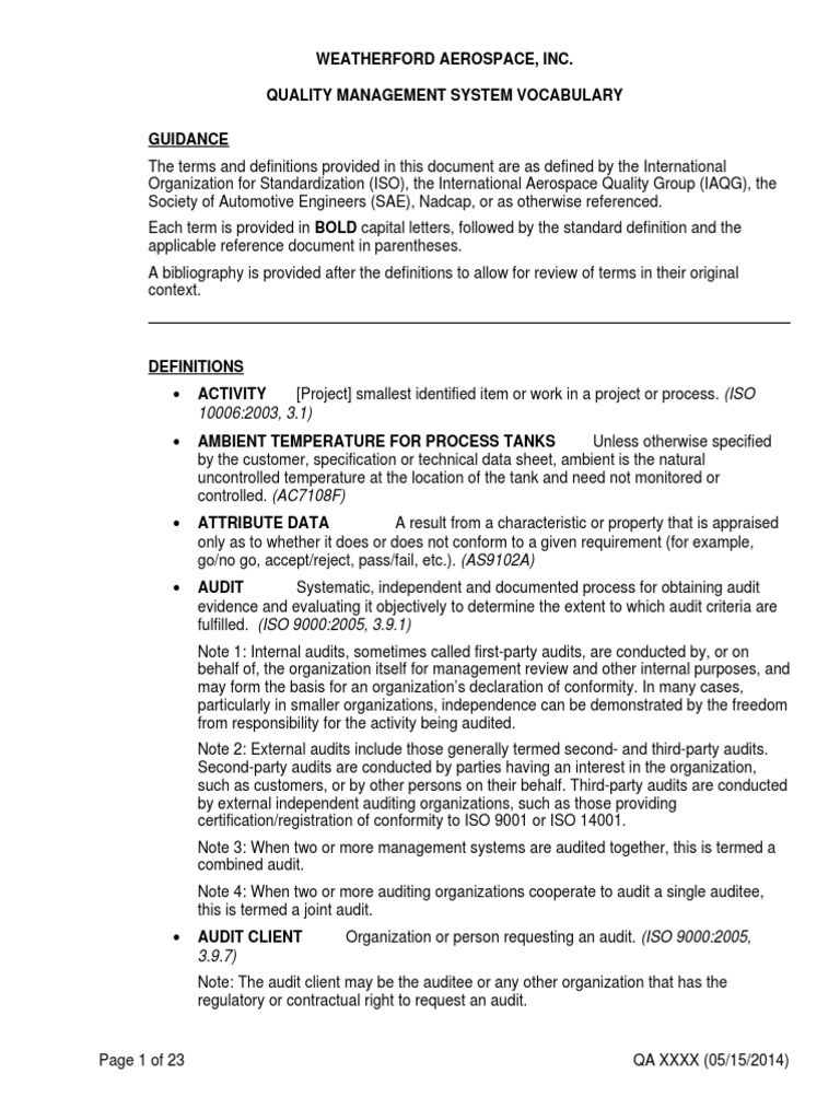 Quality Dictionary Terms And Definitions Common To Iso And Sae