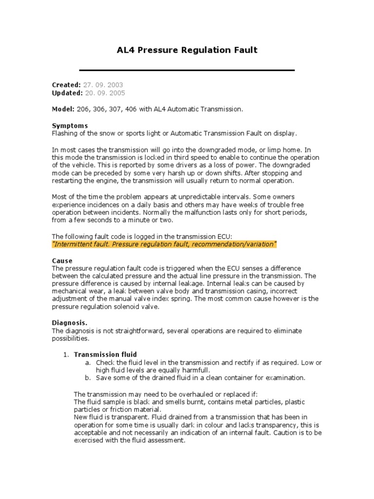 AL4 Pressure Regulation Fault PDF Transmission (Mechanics